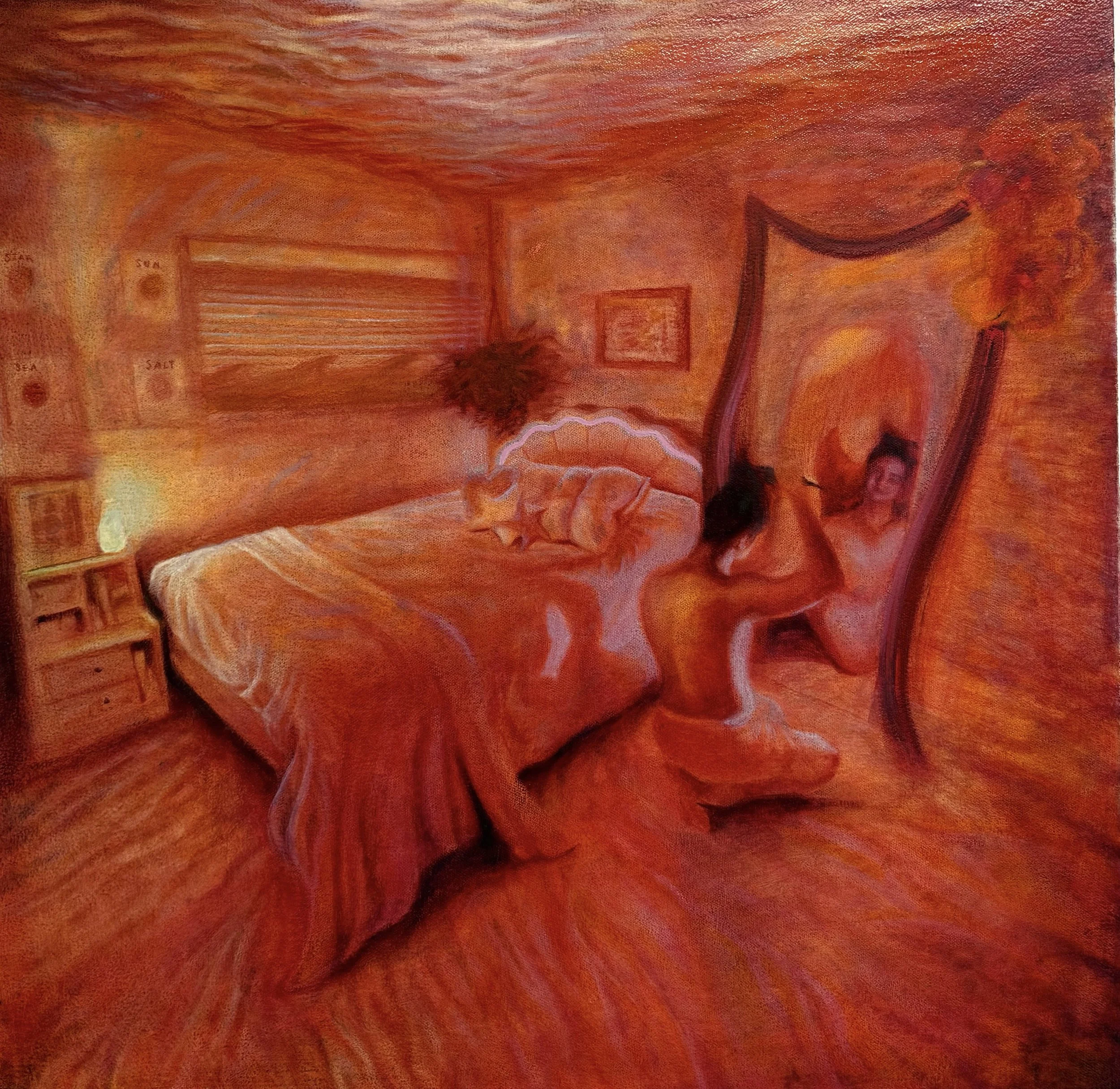 A bedroom painted in warm orange tones, featuring a bed with a striped blanket, a bedside table with a lamp, a window with blinds, and two people seated in chairs near the bed, one of whom is holding a mug.