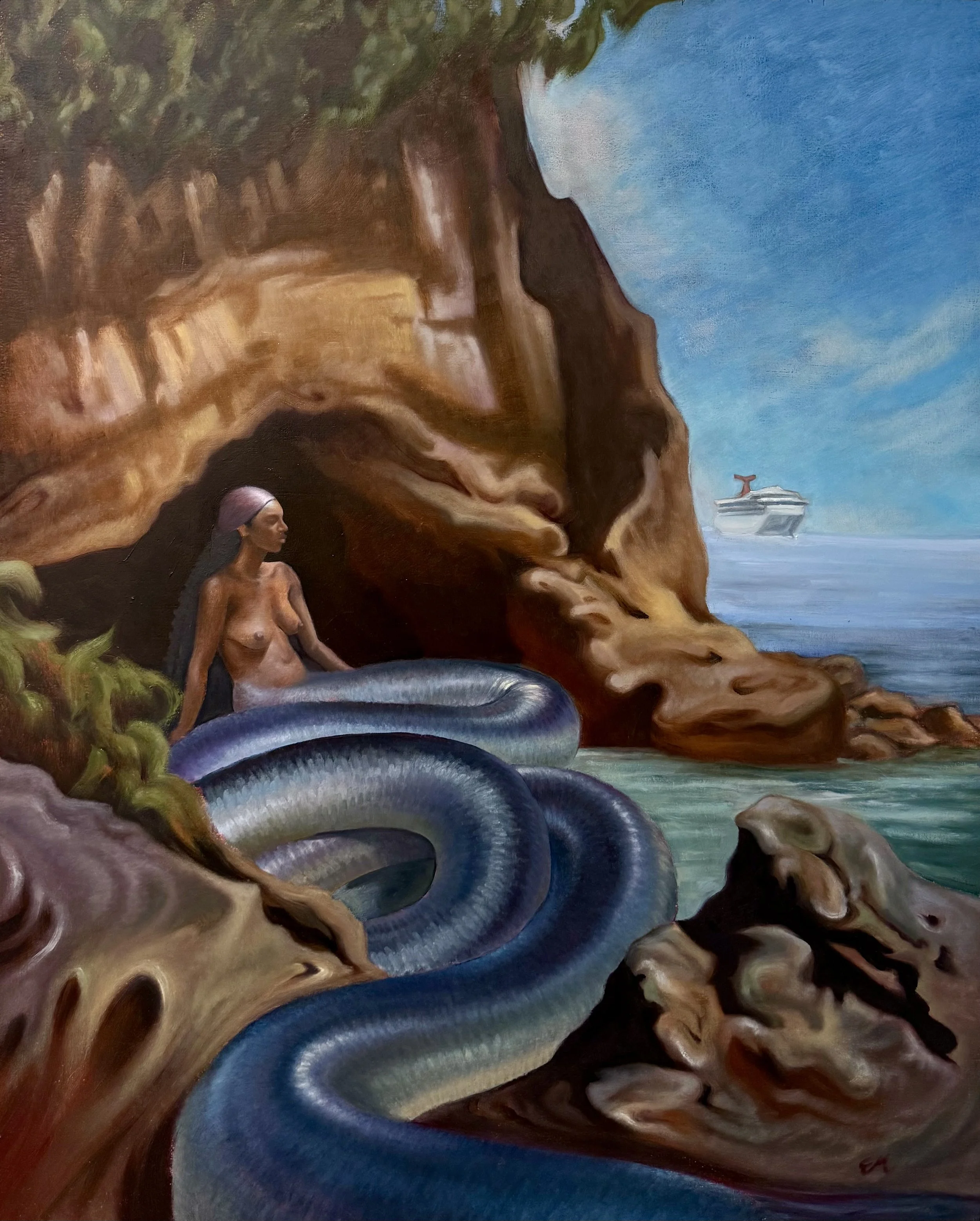 A painting shows a mermaid with long dark hair sitting on a rocky beach near a cliffside, with a large snake coiled around her. In the background, there are sea cliffs, water, and a cruise ship in the distance.