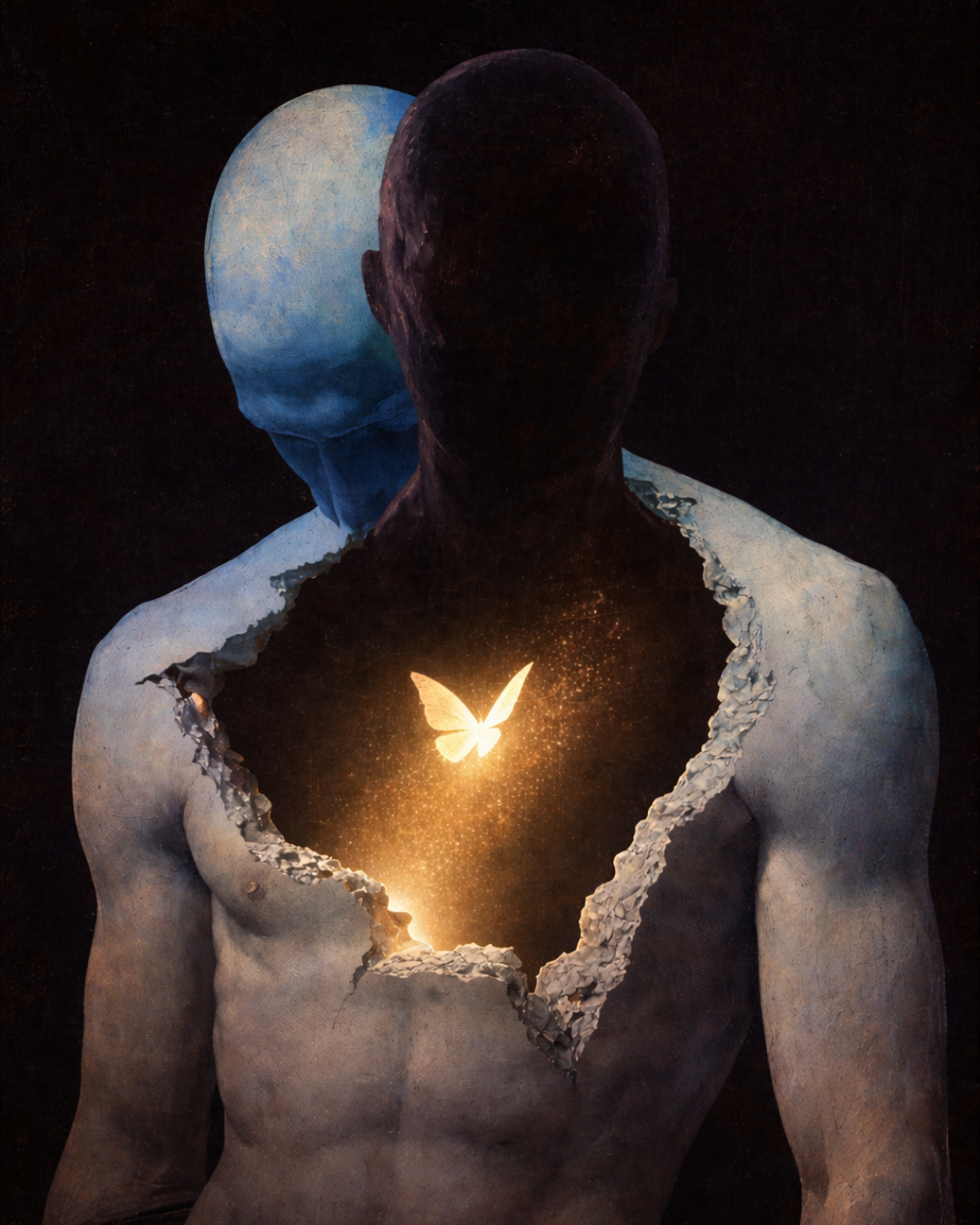 A sculpture of a human figure with a large crack in the chest, revealing a glowing butterfly inside, with a figure in blue behind the sculpture against a dark background.