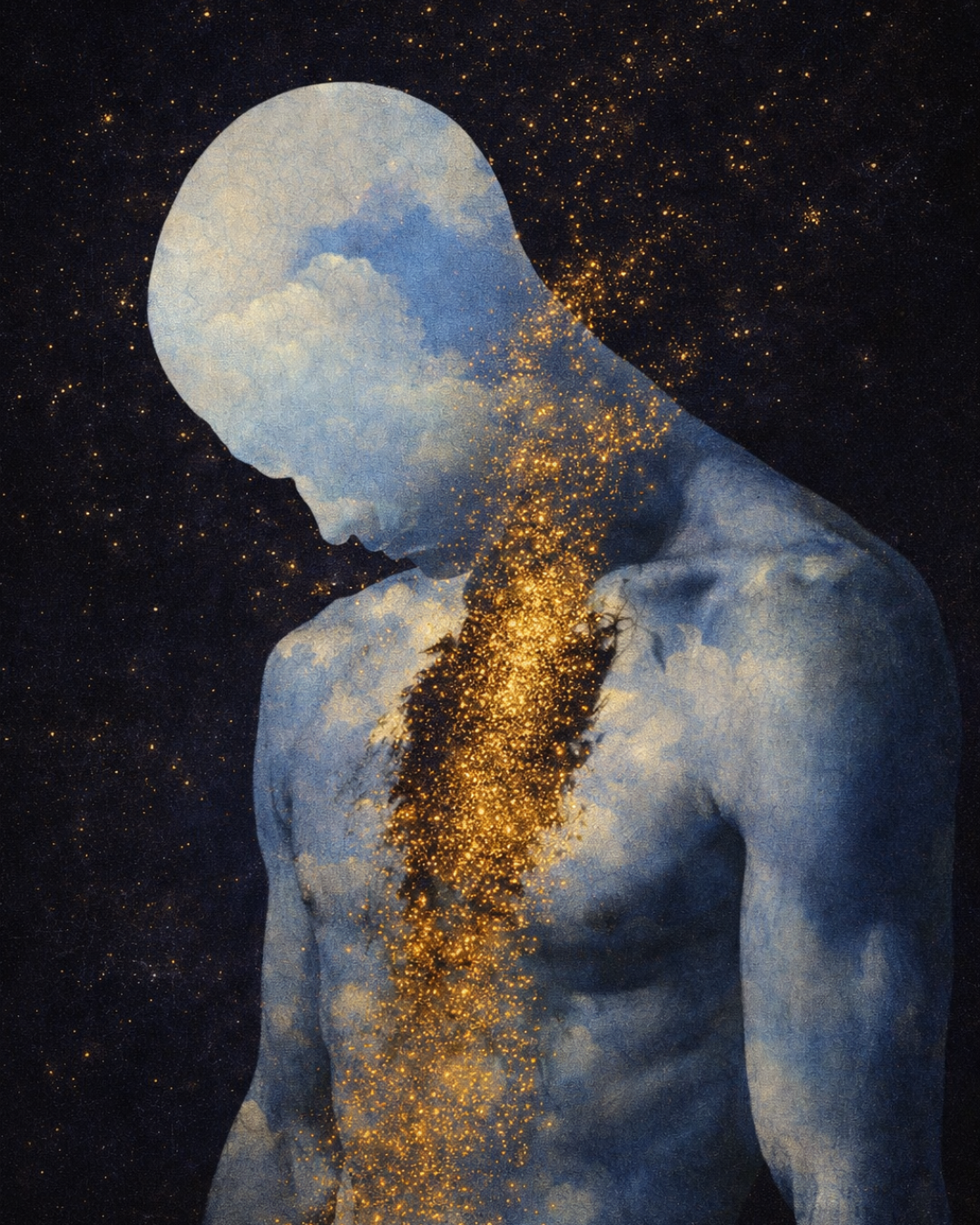 A digital artwork of a human figure with a starry sky and galaxy pattern superimposed on them, depicting a connection to the universe and inner contemplation.