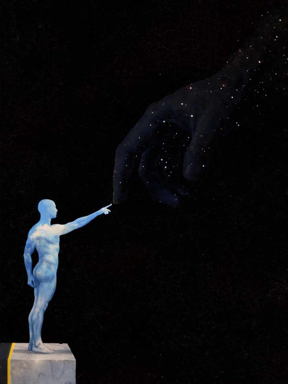A depiction of a female figure with a blue, cloud-like texture standing on a pedestal, pointing towards a large, star-filled hand reaching down from space, symbolizing a divine or cosmic connection.