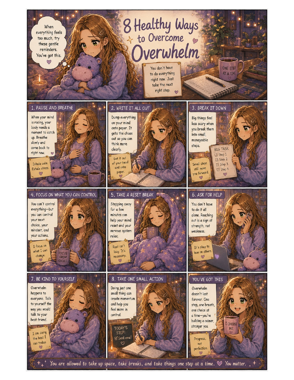 8 Healthy Ways to Overcome Overwhelm printable infographic