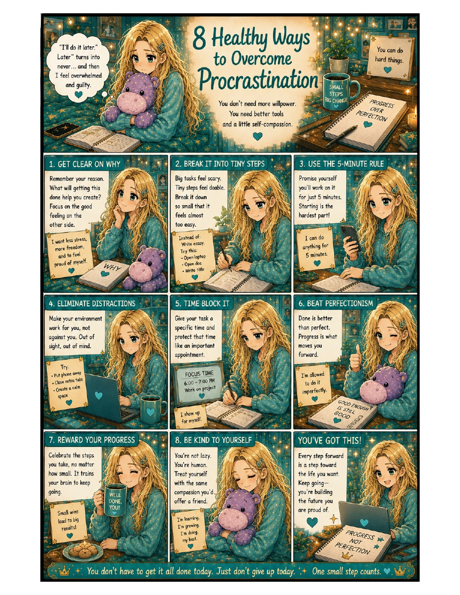 8 Healthy Ways to Overcome Procrastination printable infographic