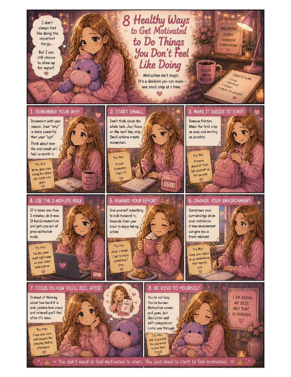 8 Healthy Ways to Get Motivated printable infographic