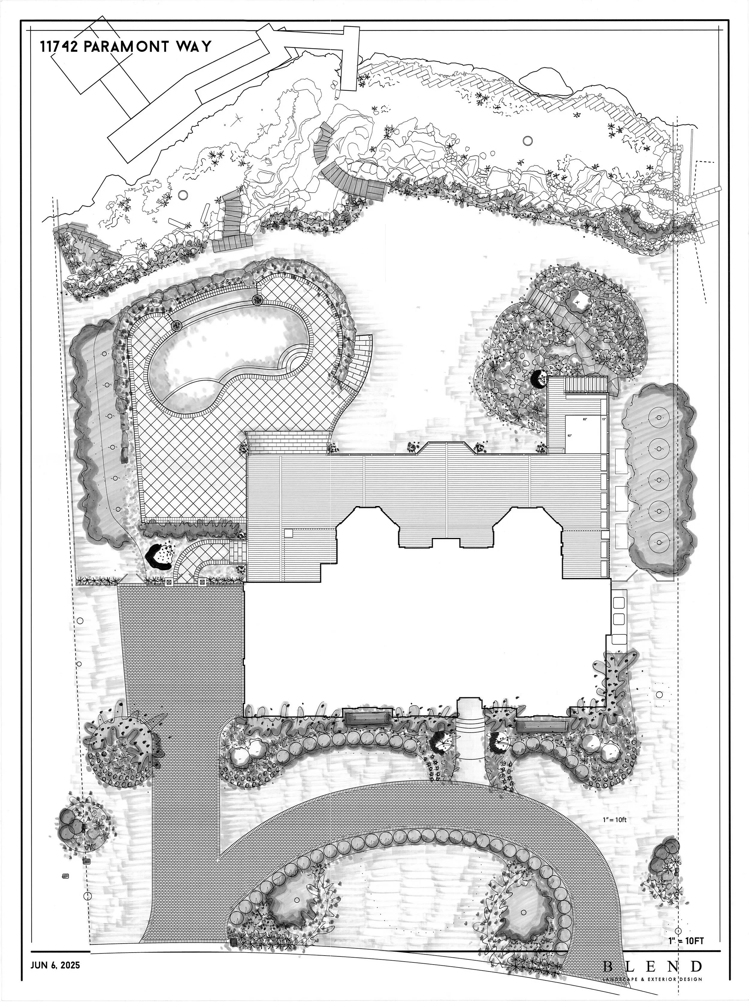 A detailed landscape design plan depicting a backyard with a house, swimming pool, patio, walkways, trees, shrubs, and garden beds.