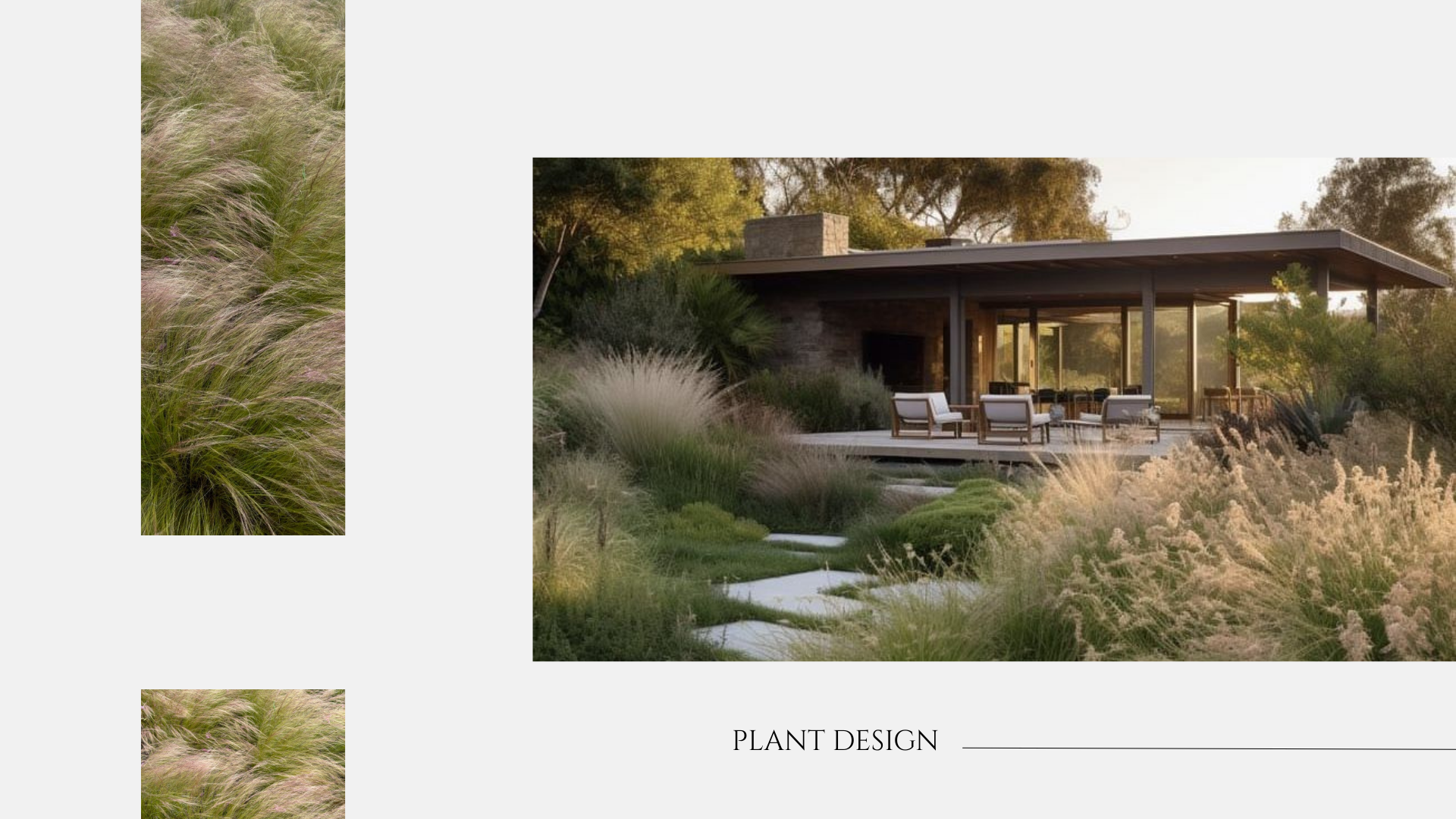 A modern house surrounded by lush green plants and grasses, with a wooden deck and outdoor seating area during sunset.