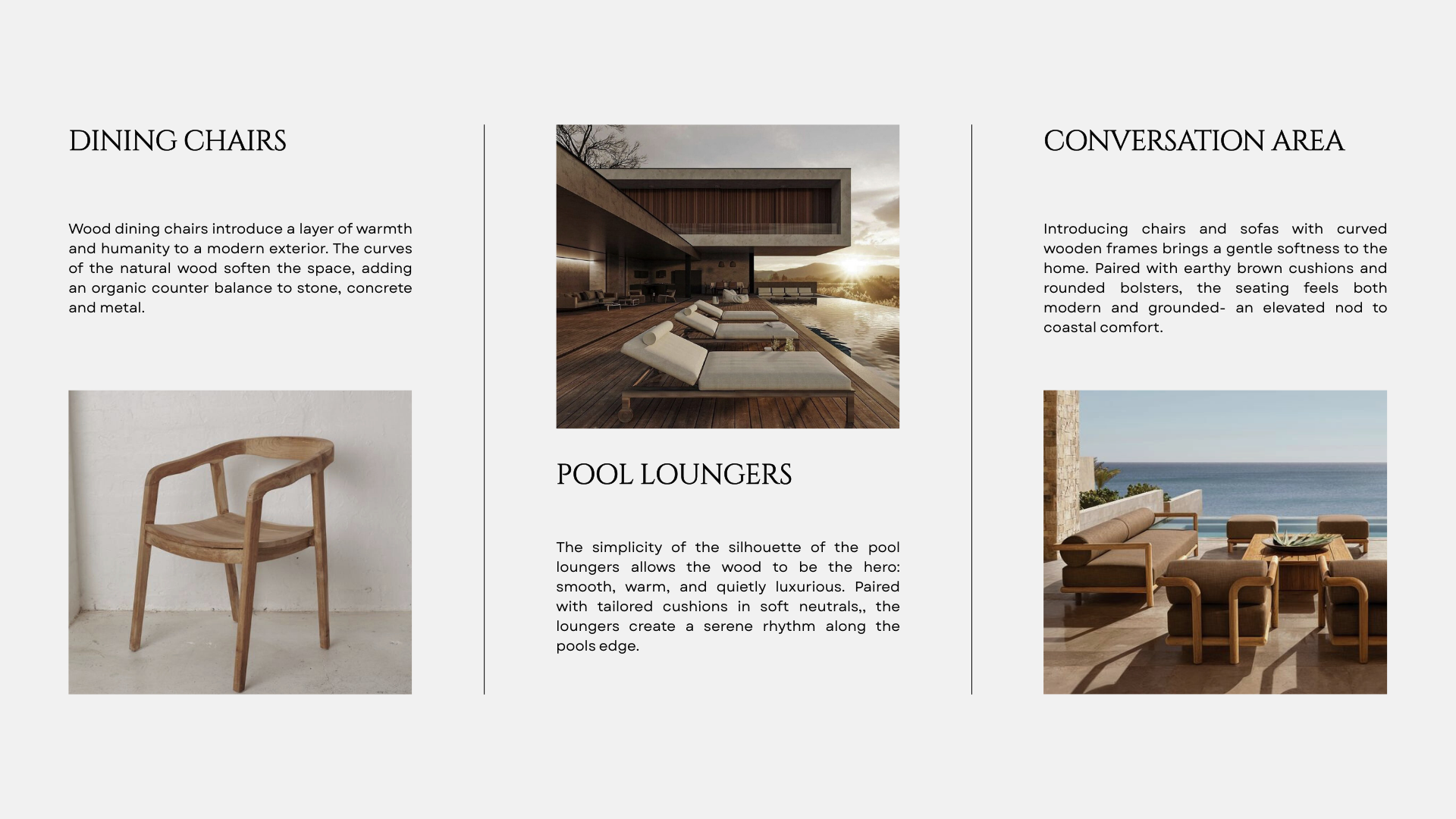 A layout of a modern outdoor deck area featuring pool lounge chairs, a conversation seating area with curved wooden frames, and a single wooden dining chair, with descriptions of each section and sunlight reflecting on the pool surface.