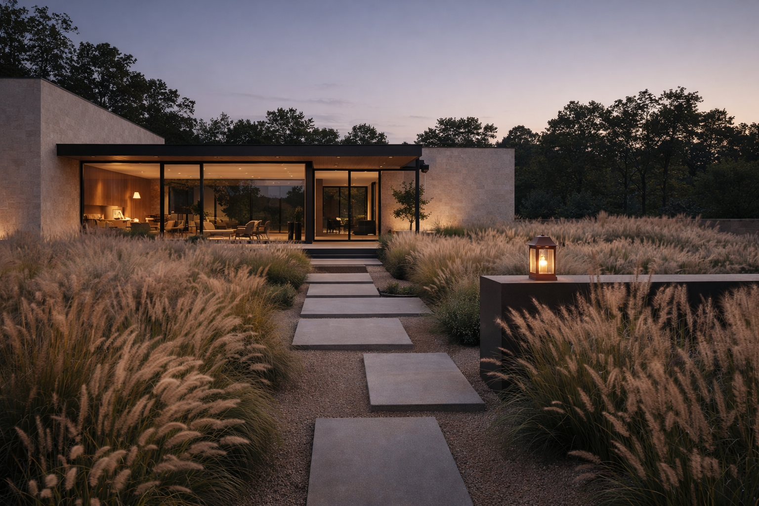 Modern house with large glass windows at sunset, surrounded by ornamental grasses, with a stone pathway leading to the entrance and a lantern on a low wall.