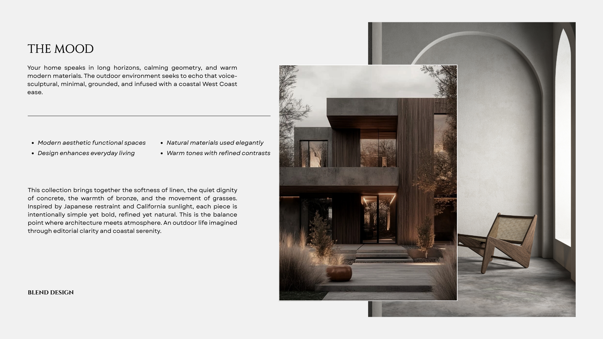 Modern architectural design page with text on the left and an image of a contemporary house exterior with concrete, wood, and glass elements on the right. The house is set in a landscaped outdoor area during dusk, with minimalistic garden and pathway.