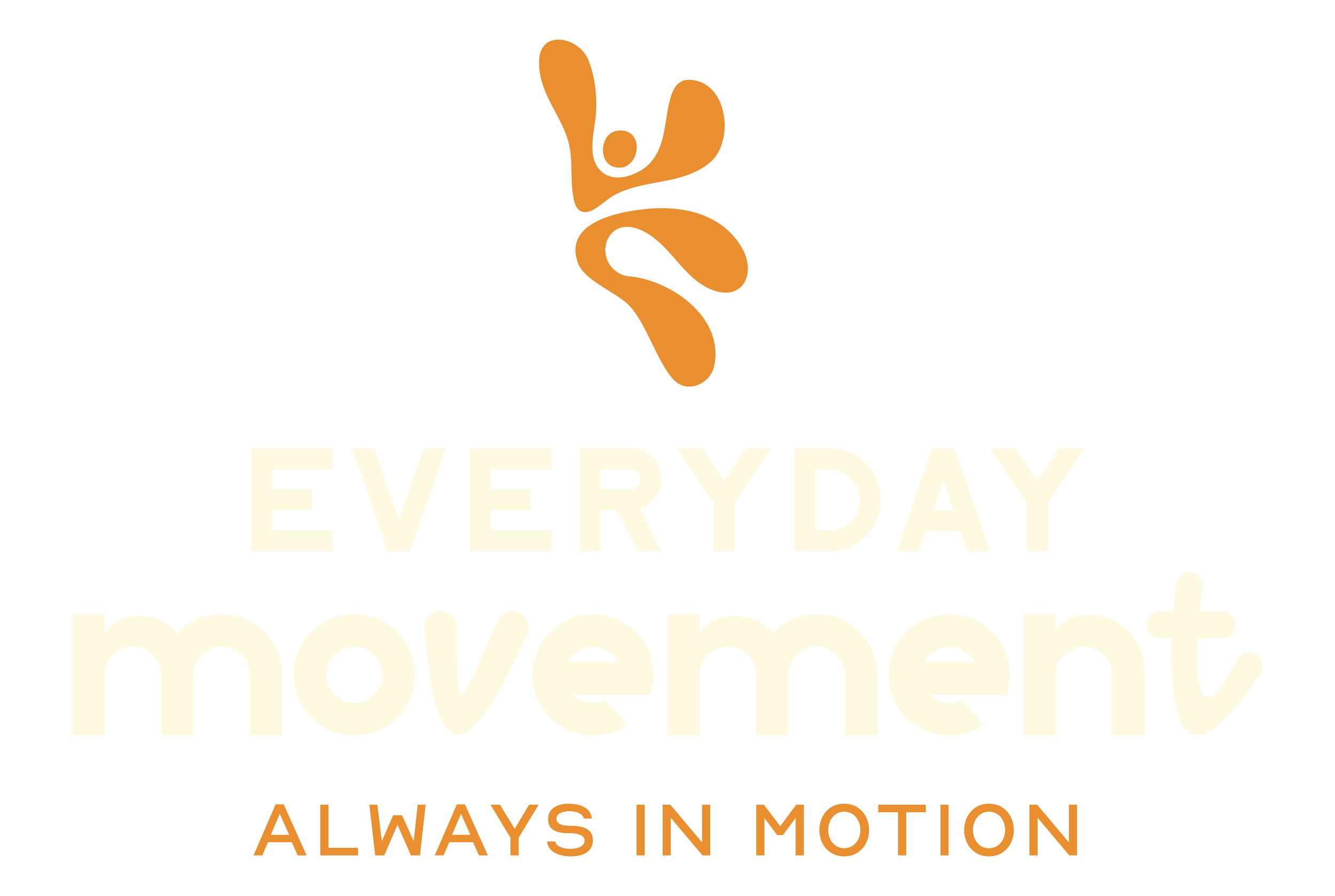 Logo with an abstract figure made of orange shapes above the text 'EVERYDAY movement' in cream and 'ALWAYS IN MOTION' in orange.