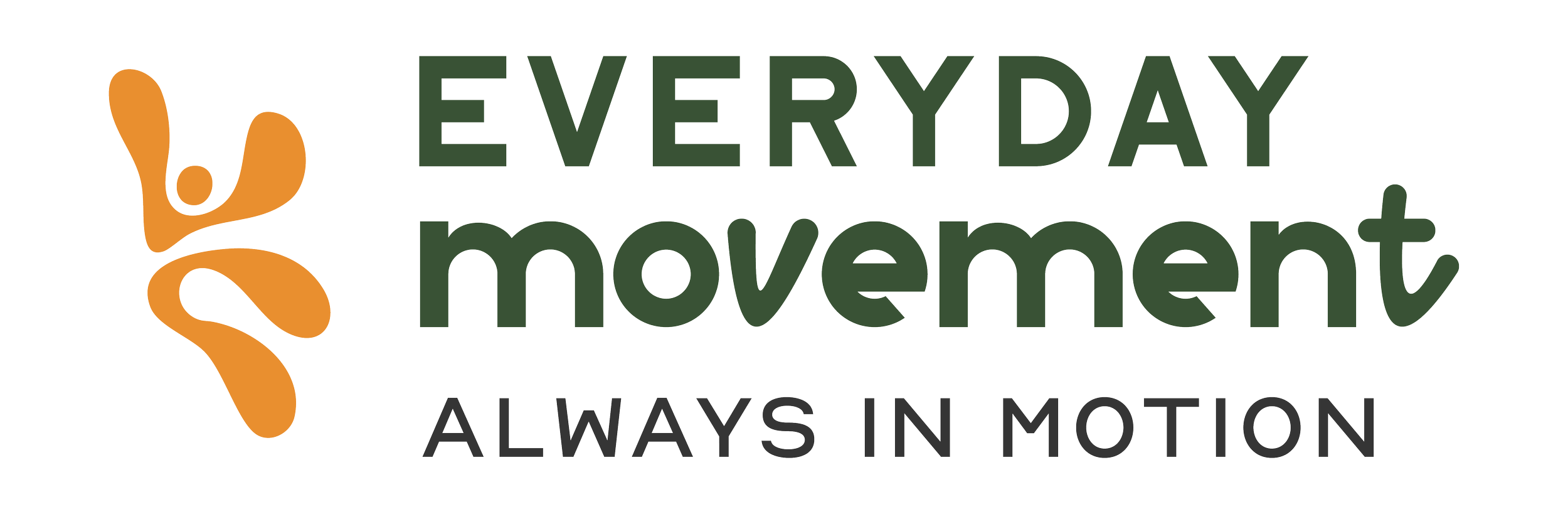 Logo with orange abstract figure and green and black text saying "Everyday Movement Always In Motion".