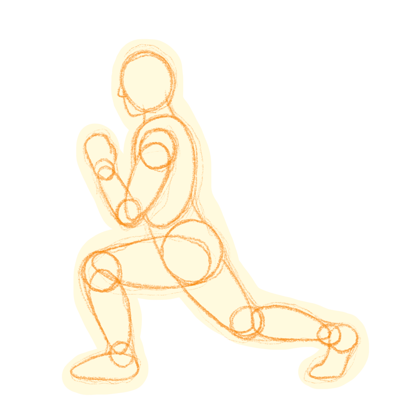 Sketch of a person in a yoga pose, with one knee on the ground and the hands in prayer position, in an orange outline style.