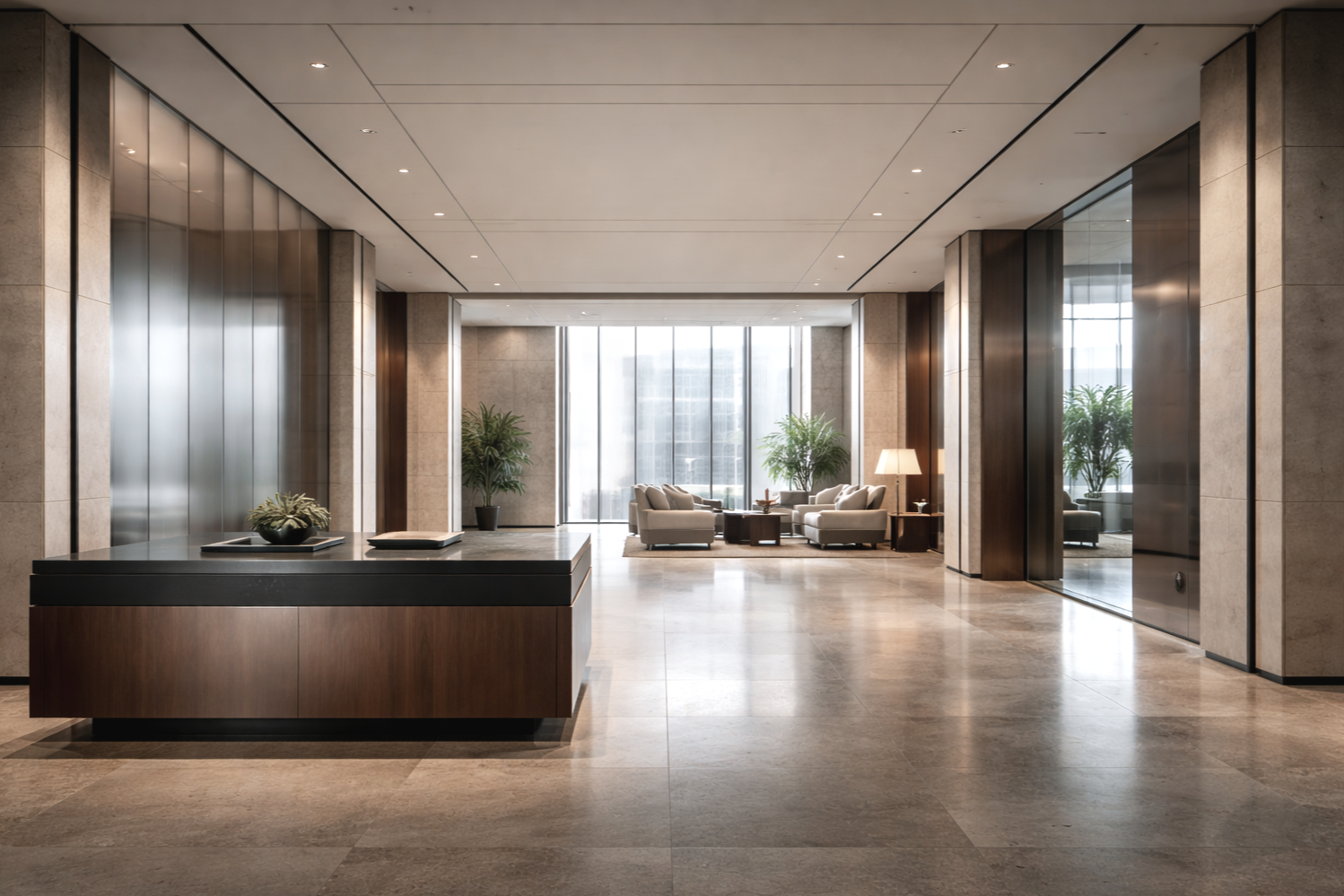 Modern hotel lobby with seating area, large windows, indoor plants, and minimalist decor.