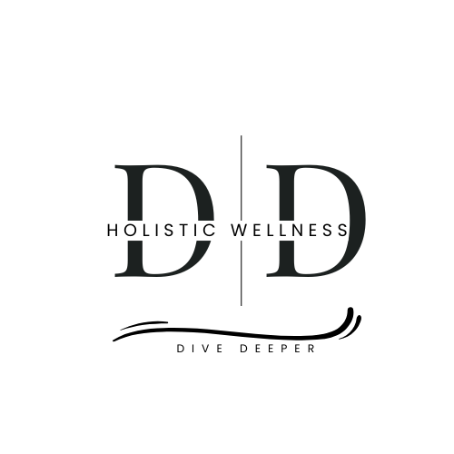 Logo for D&D Holistic Wellness, featuring large letters D and D with a vertical line between them, black text, and the tagline 'Dive Deeper' with decorative wave lines.
