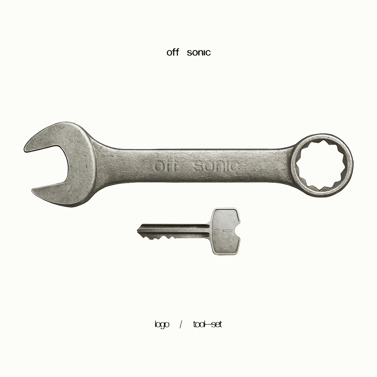 A wrench and a key placed on a white background. The words 'off' and 'sonic' are written above the wrench, and 'logo / tool set' below the key.