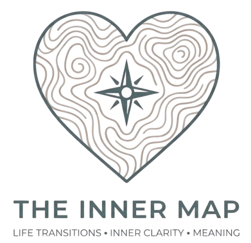 A stylized heart with a mountain and compass rose inside, and the text 'TheInnerMap' below, with the tagline 'Life Transitions, Inner Clarity, Meaning'.