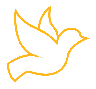Outline drawing of a flying bird, possibly a dove, in yellow on a black background.