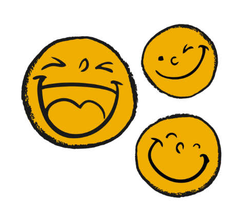 Three yellow smiley faces with various expressions.