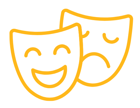 Illustration of two theatrical masks, one happy and one sad, in yellow outline.