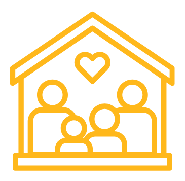 Line drawing of a house with four people inside and a heart above them.