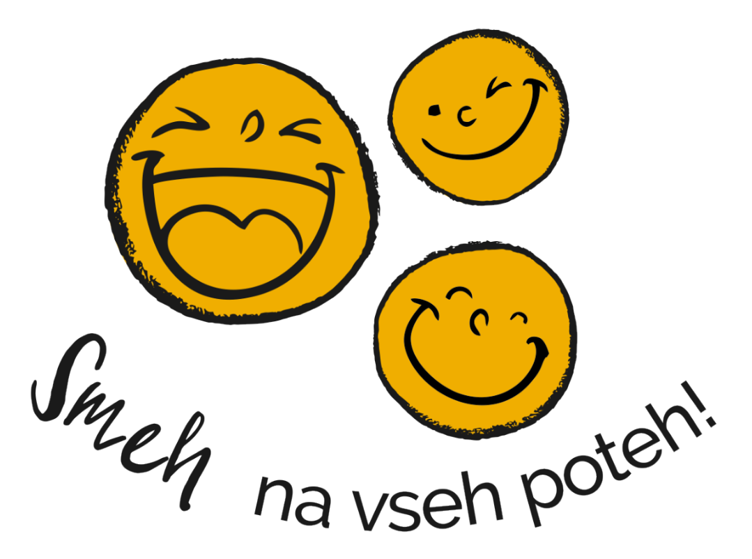 Three yellow smiley faces with different expressions and the phrase "Smeh na vseh poteh!" in black text