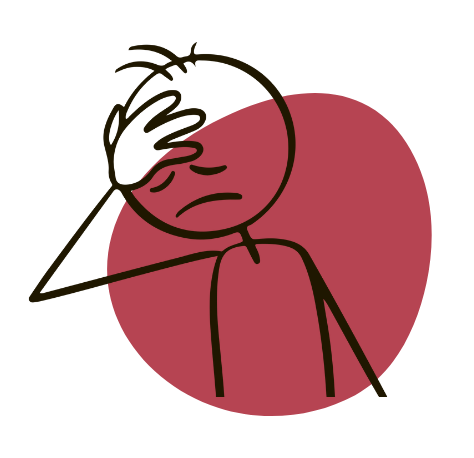 Line drawing of a sad person holding their head with one hand, with a pink circle background.