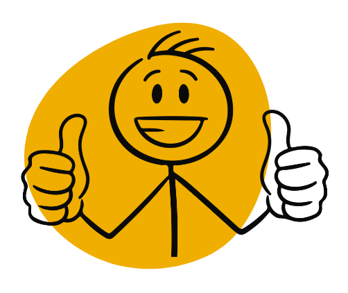 A simple drawing of a smiling stick figure giving two thumbs up, against a yellow circular background.
