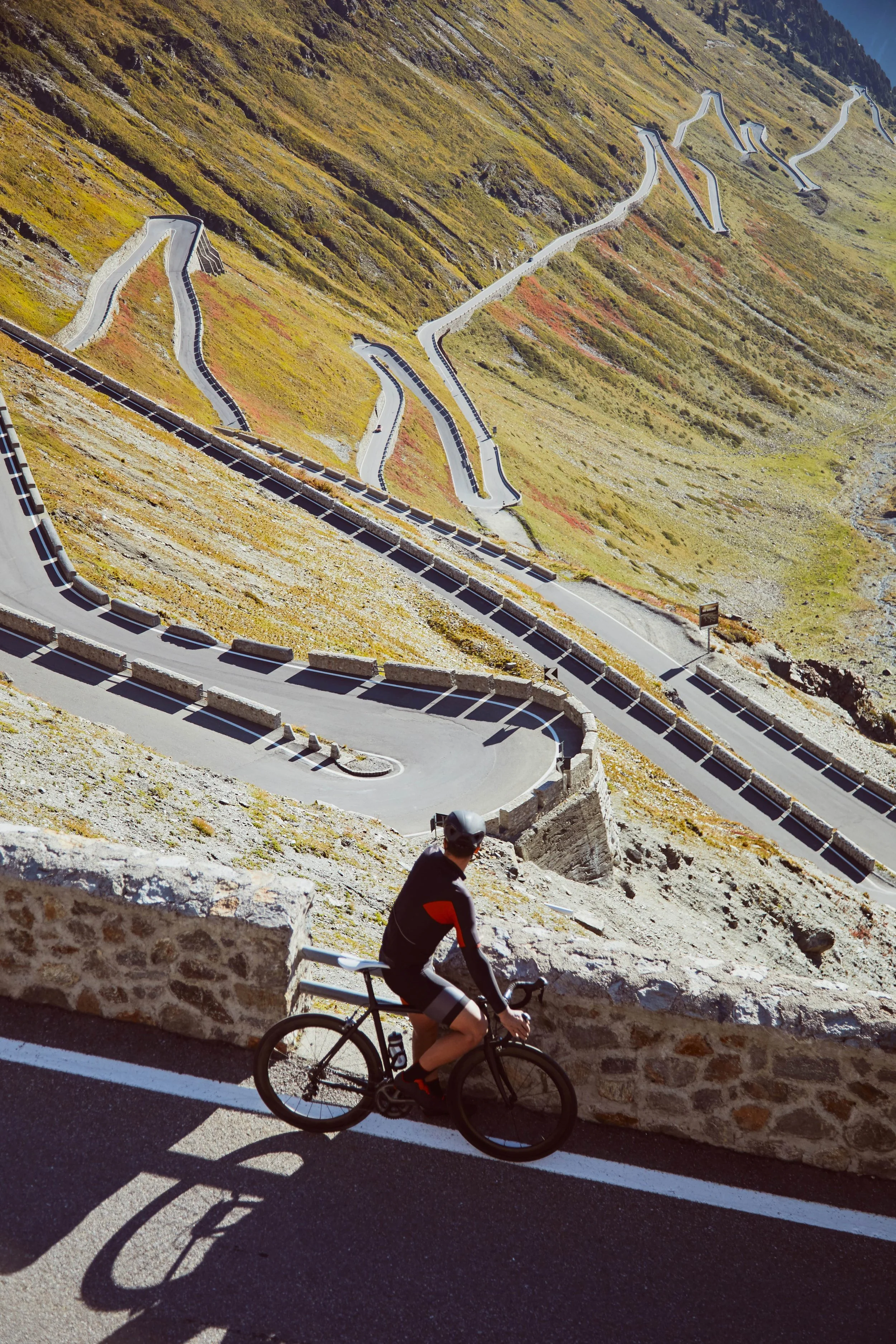 Road Cyclist climbing Passo dello Stelvio in Italian Alps