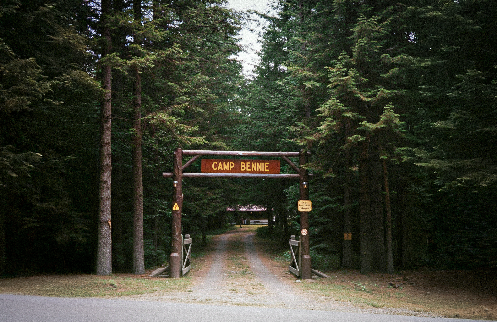 Entrance to Camp Bennie through a wooden archway with the camp's name on a brown sign, surrounded by tall green pine trees, leading onto a gravel path into the forest.