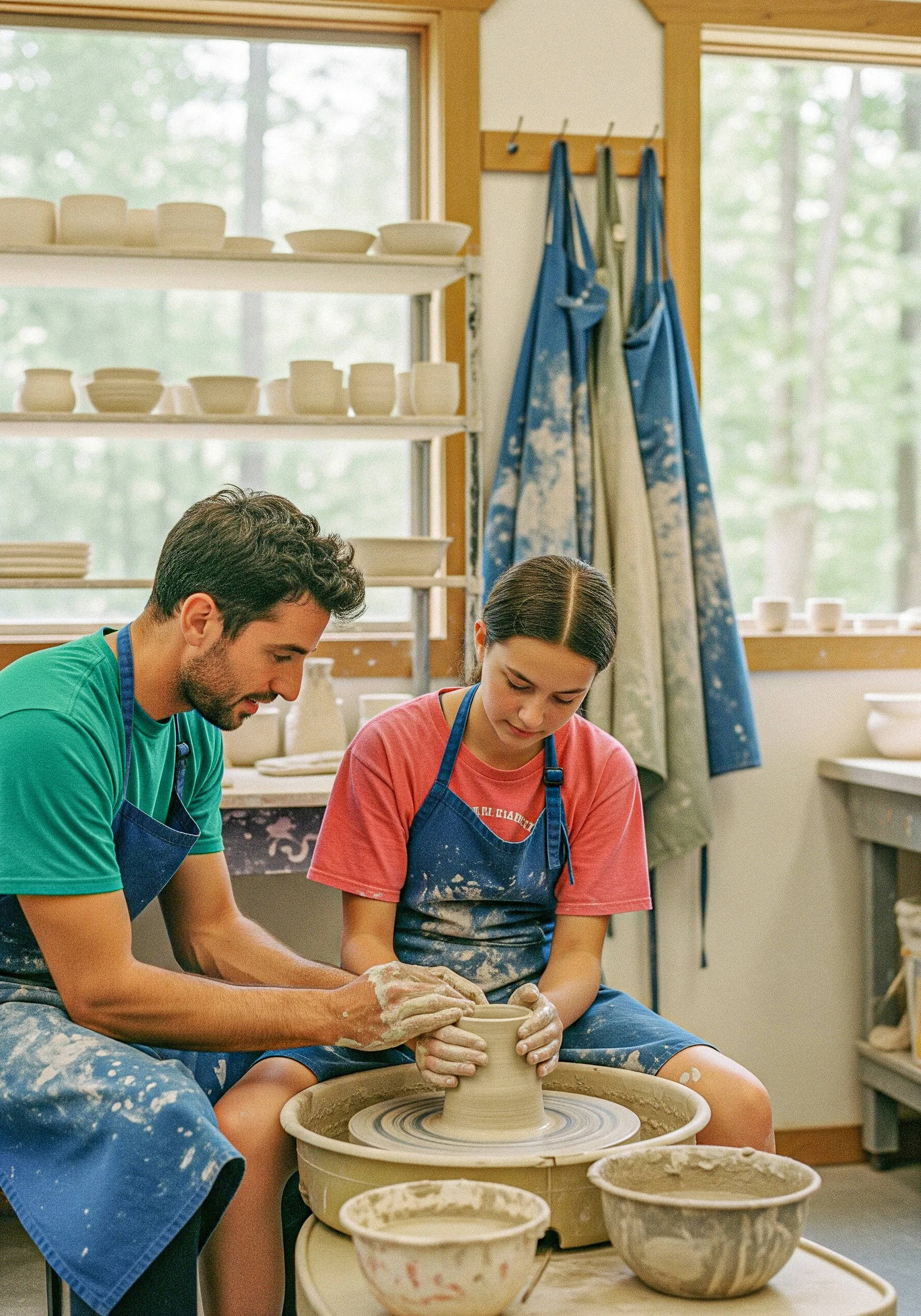 Two young people, a man and a woman, are working together on a pottery wheel in a ceramics studio during daytime. The man, with short dark hair and a beard, is wearing a green shirt and a blue apron. The woman, with long dark hair tied back, is wearing a pink shirt and a blue apron. They are focused on shaping a clay vessel on the wheel. Shelves with white bowls and windows showing a wooded outdoor scene are visible in the background.
