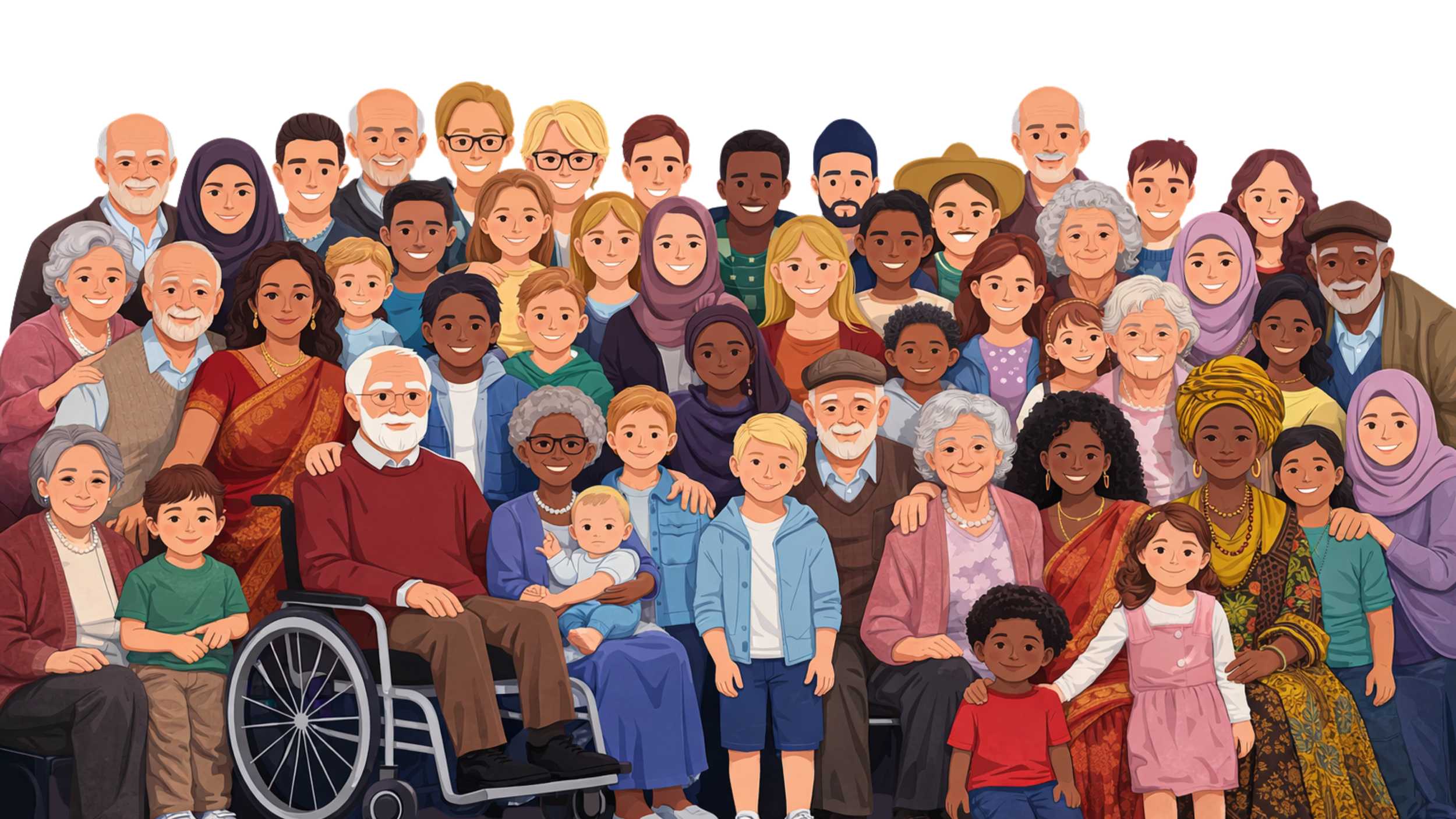 Een grote groep mensen van verschillende leeftijden, etniciteiten en achtergronden poseert samen voor een foto.