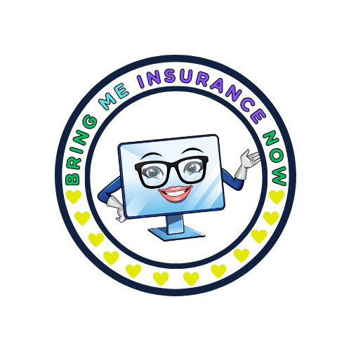 A cartoon computer monitor with glasses, a smiling face, and arms, inside a circular logo with the words 'Bring Me Insurance Now' and yellow hearts.