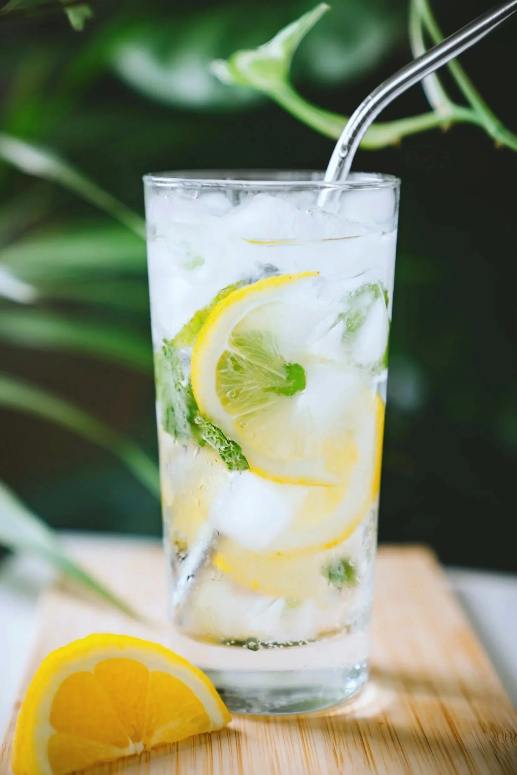 Ein Glas mit Zitronen- und Limettenscheiben, Minzblättern und Eiswürfeln, aus dem ein Trinkhalm herausragt, auf einem Holzbrett mit einer Zitronenscheibe davor, im Hintergrund grüne Blätter.