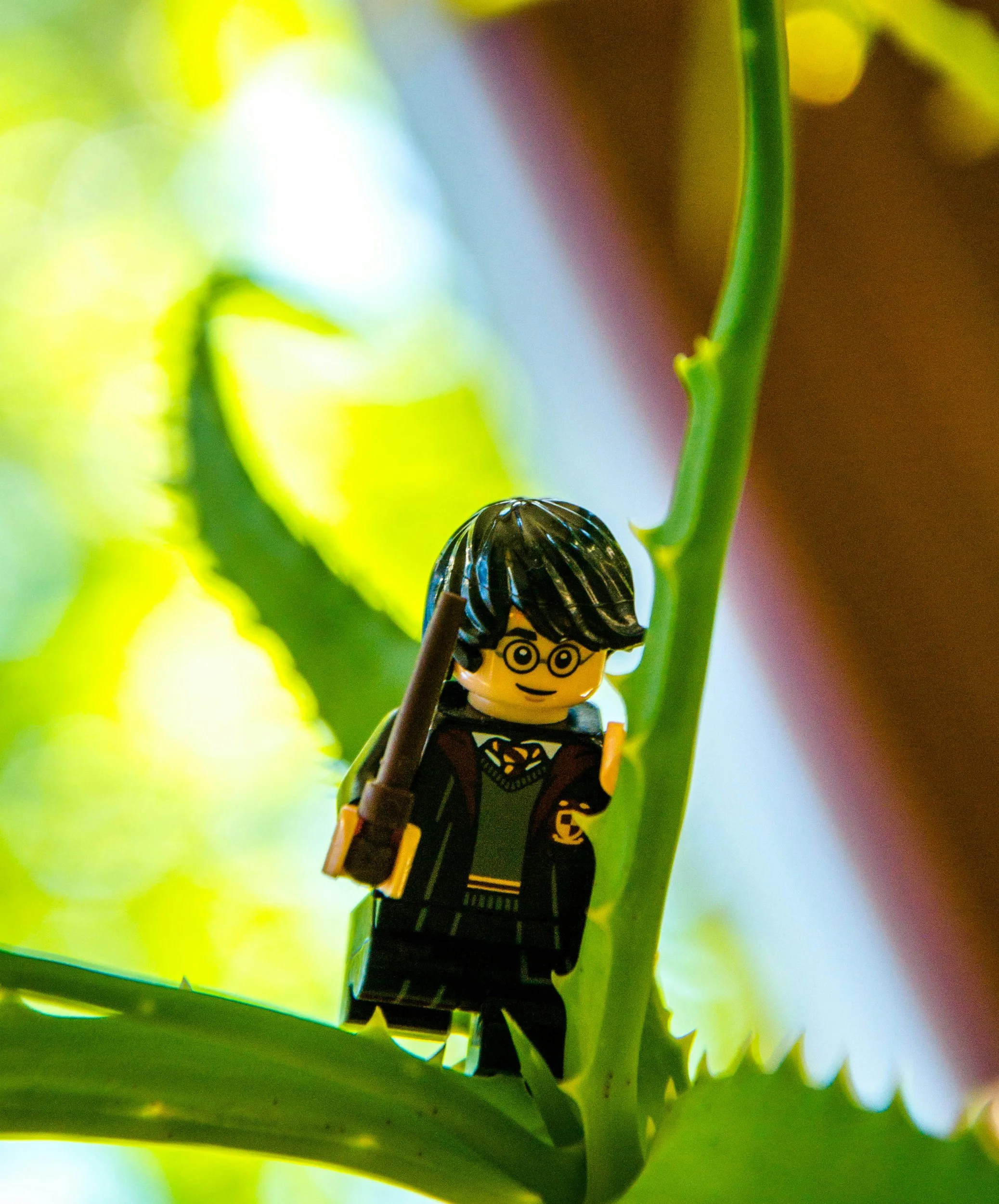 Lego Figur eines Zauberers mit Zauberstab zwischen grünen Pflanzenblättern.