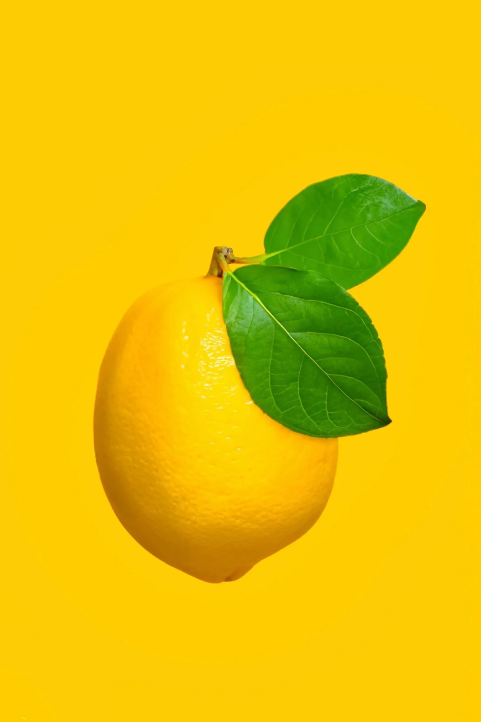 Gelbe Zitrone mit grünen Blättern vor gelbem Hintergrund