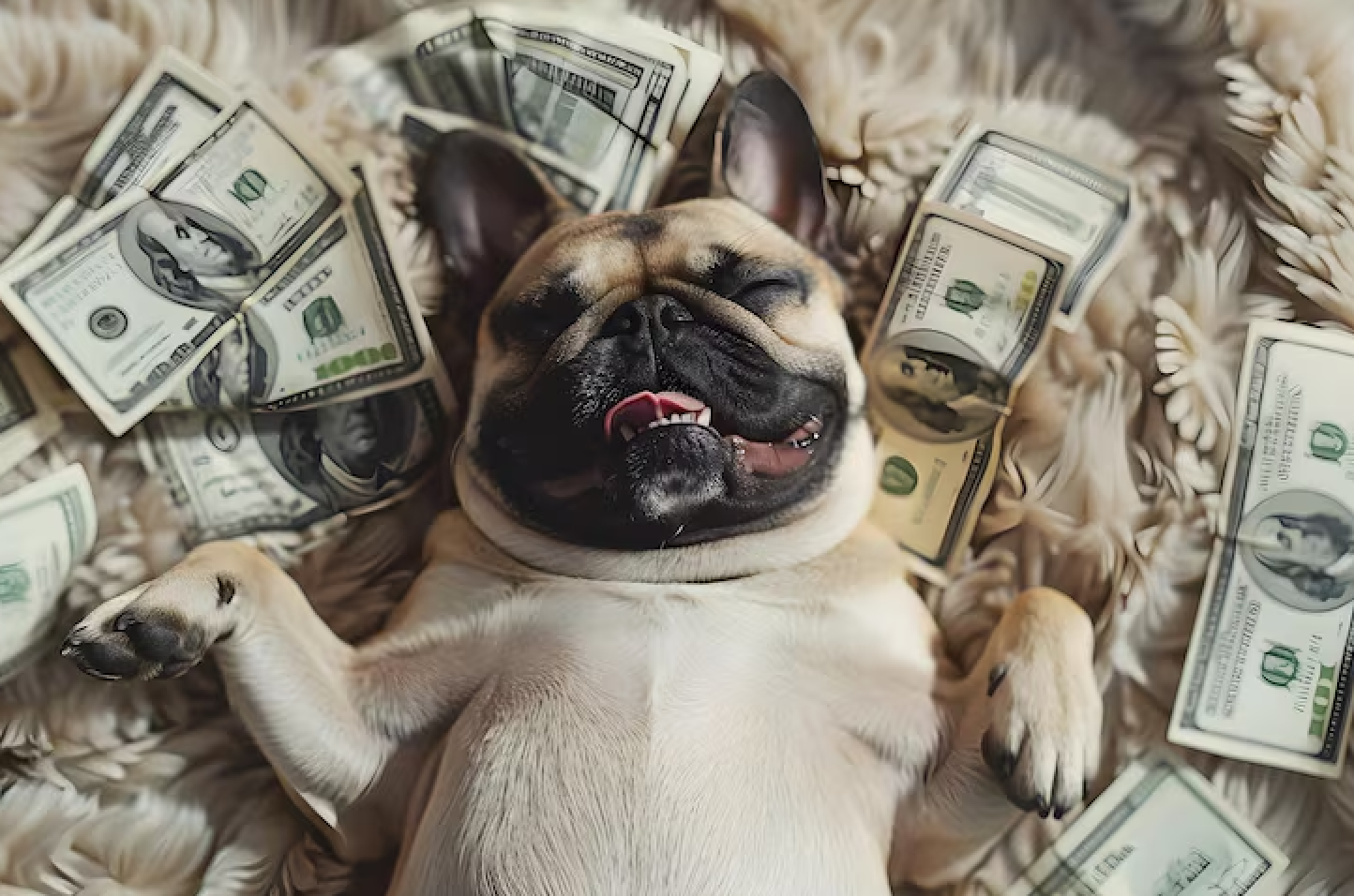 Un chien bulldog français allongé sur un lit, entouré de billets de 100 dollars américains.