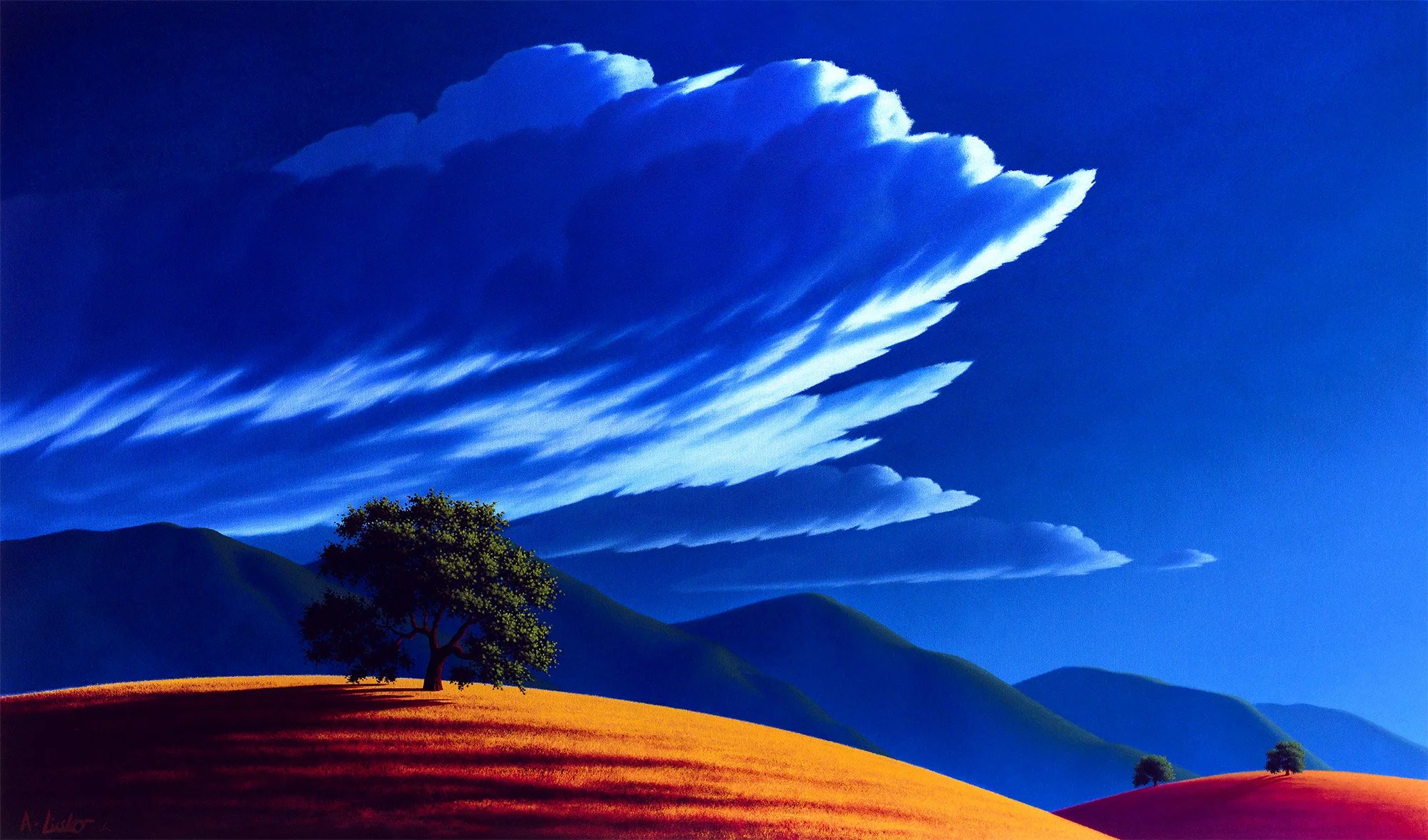 oil painting, canvas, large format, landscape, clouds, trees, hills, for sale, painting, art, fine art, creative, wall space, artworks, fences, grass, light, lighting, shadows, contrast, depth, light, blue, gold, ridgeline, thunder, heavy, mountains