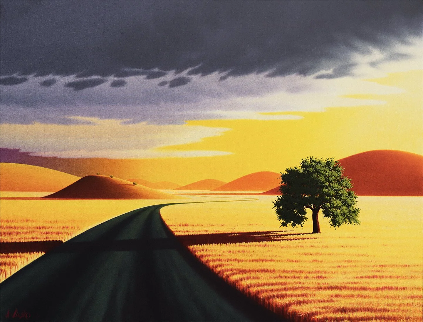 oil painting, canvas, large format, landscape, clouds, trees, hills, for sale, painting, art, fine art, creative, wall space, artworks, fences, grass, light, lighting, shadows, contrast, depth, light, storm, trees, distant hills, country road