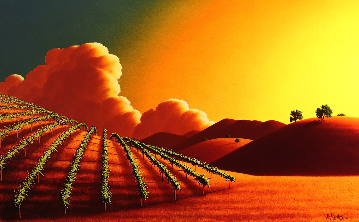 oil painting, canvas, large format, landscape, clouds, trees, hills, for sale, painting, art, fine art, creative, wall space, artworks, fences, grass, light, lighting, shadows, contrast, depth, light, rows, vineyards, grapes, rustic, orange, hills