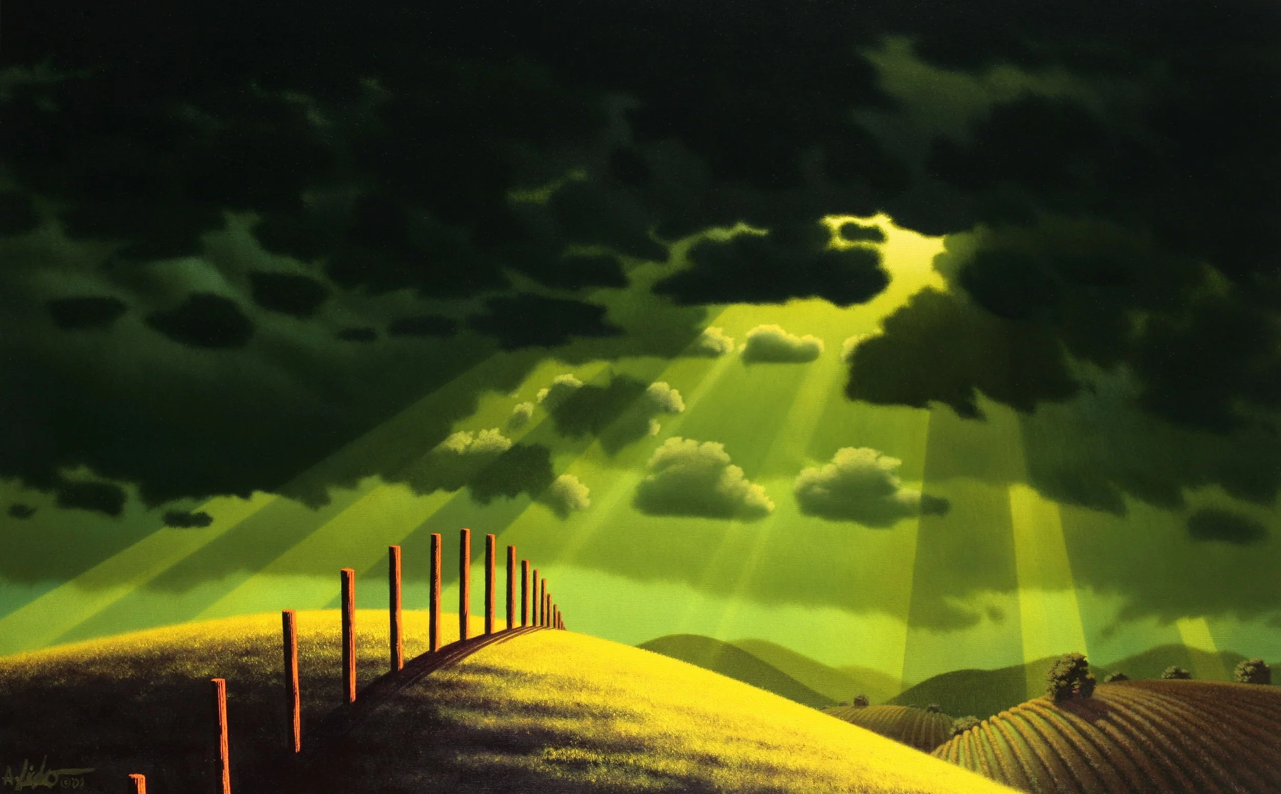 oil painting, canvas, large format, landscape, clouds, trees, hills, for sale, painting, art, fine art, creative, wall space, artworks, fences, grass, light, lighting, shadows, contrast, depth, light, light rays, vineyards, fence lines, rain, fields