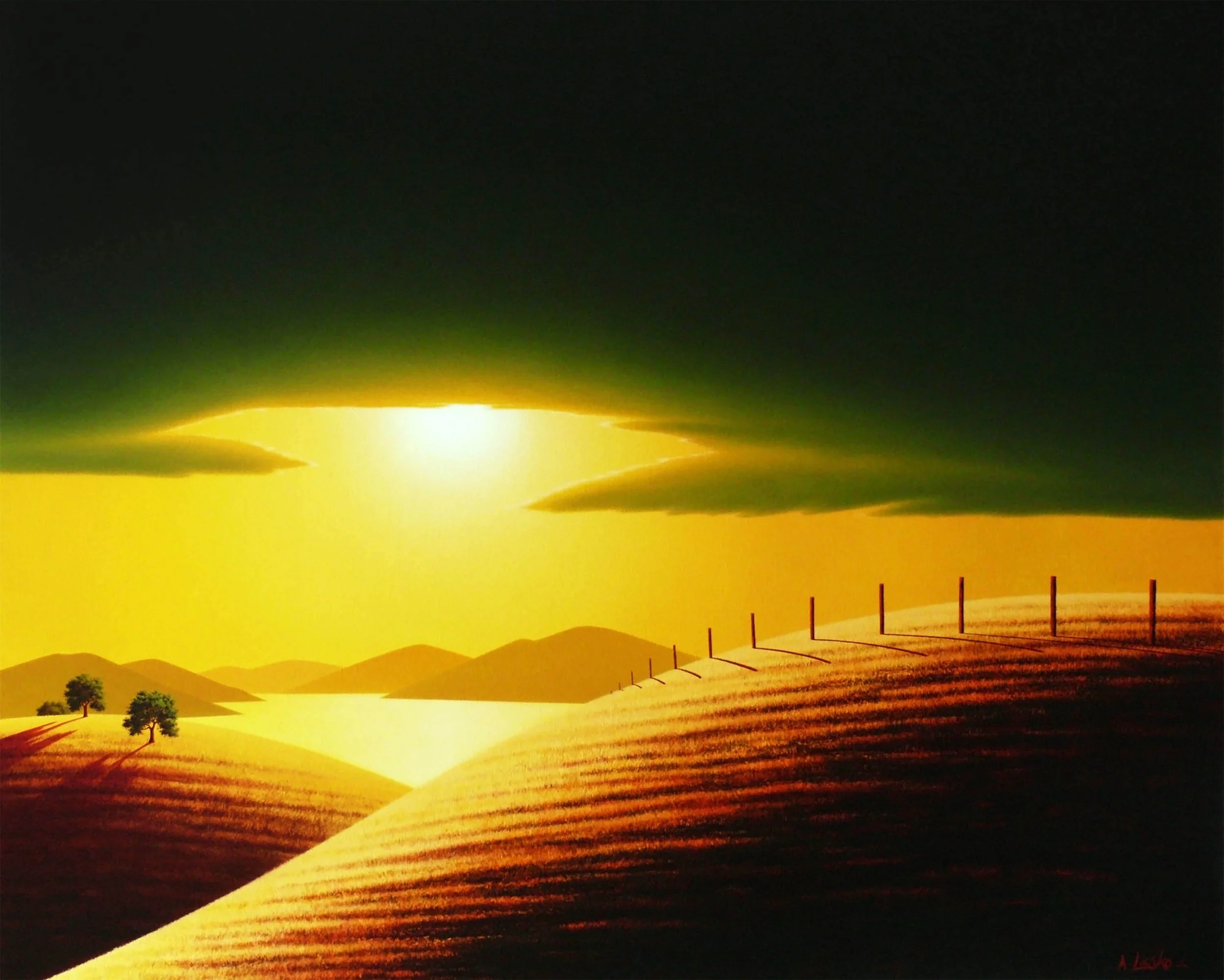 A digital painting of a sunset over rolling hills, with dark clouds overhead, trees in the foreground, and a row of posts along a fence line.