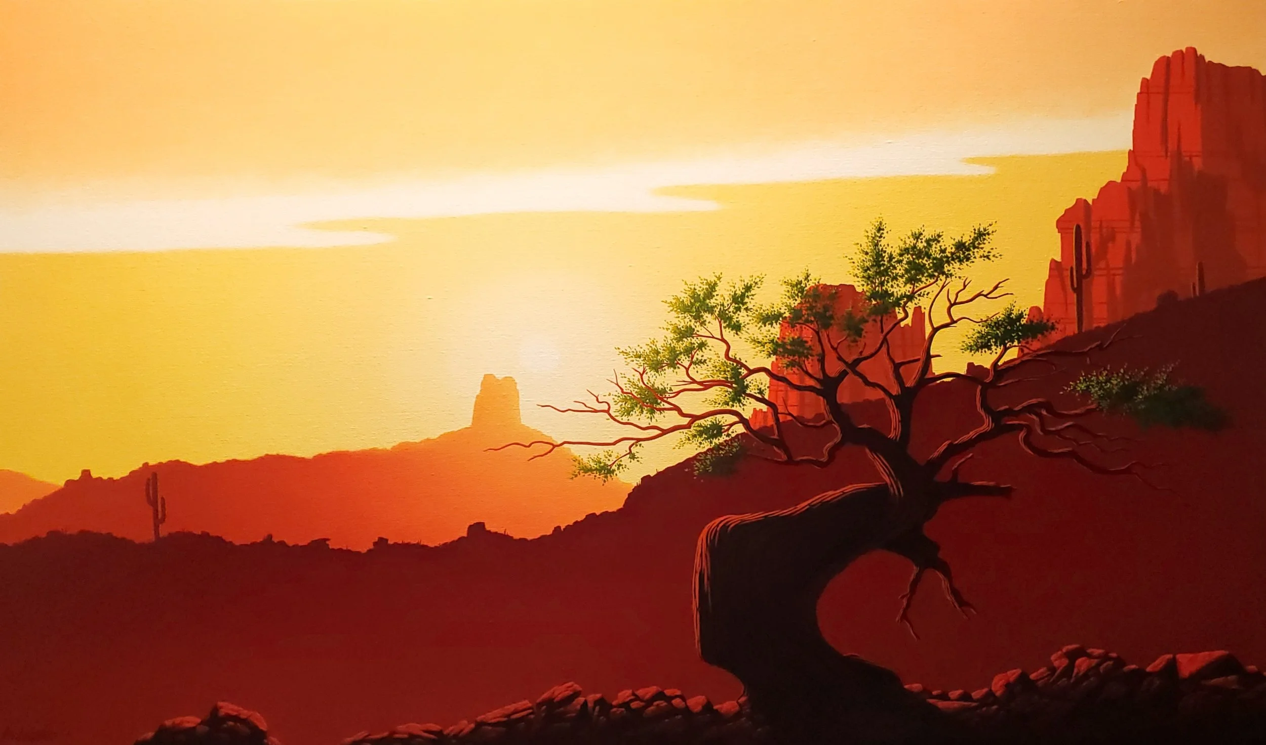 oil painting, canvas, large format, landscape, clouds, trees, hills, for sale, painting, art, fine art, creative, wall space, artworks, fences, grass, light, lighting, shadows, contrast, depth, light, orange, green, red, ancient tree, sun, cactus