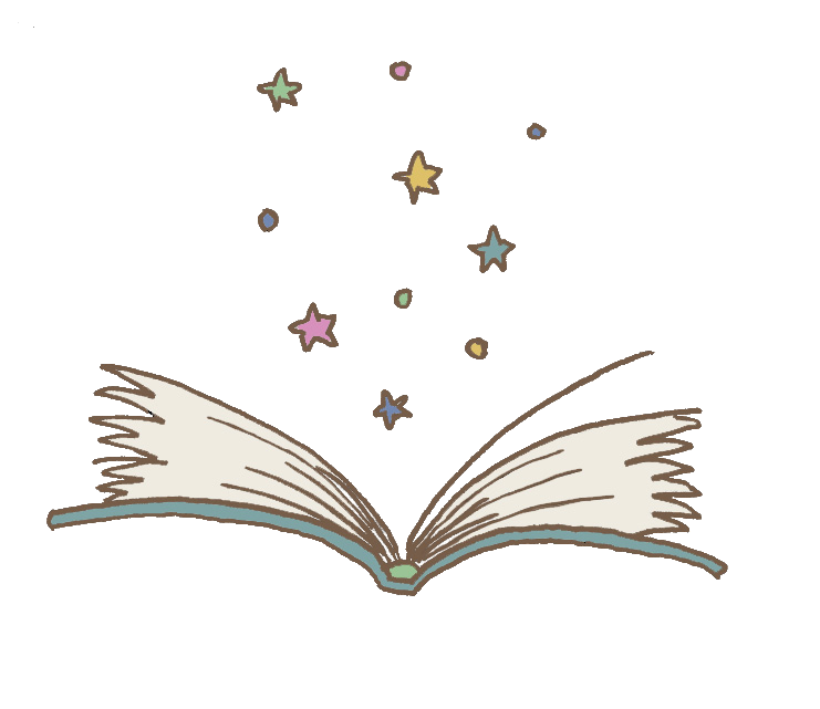 An open book with colorful stars floating upward from its pages, representing imagination or storytelling.