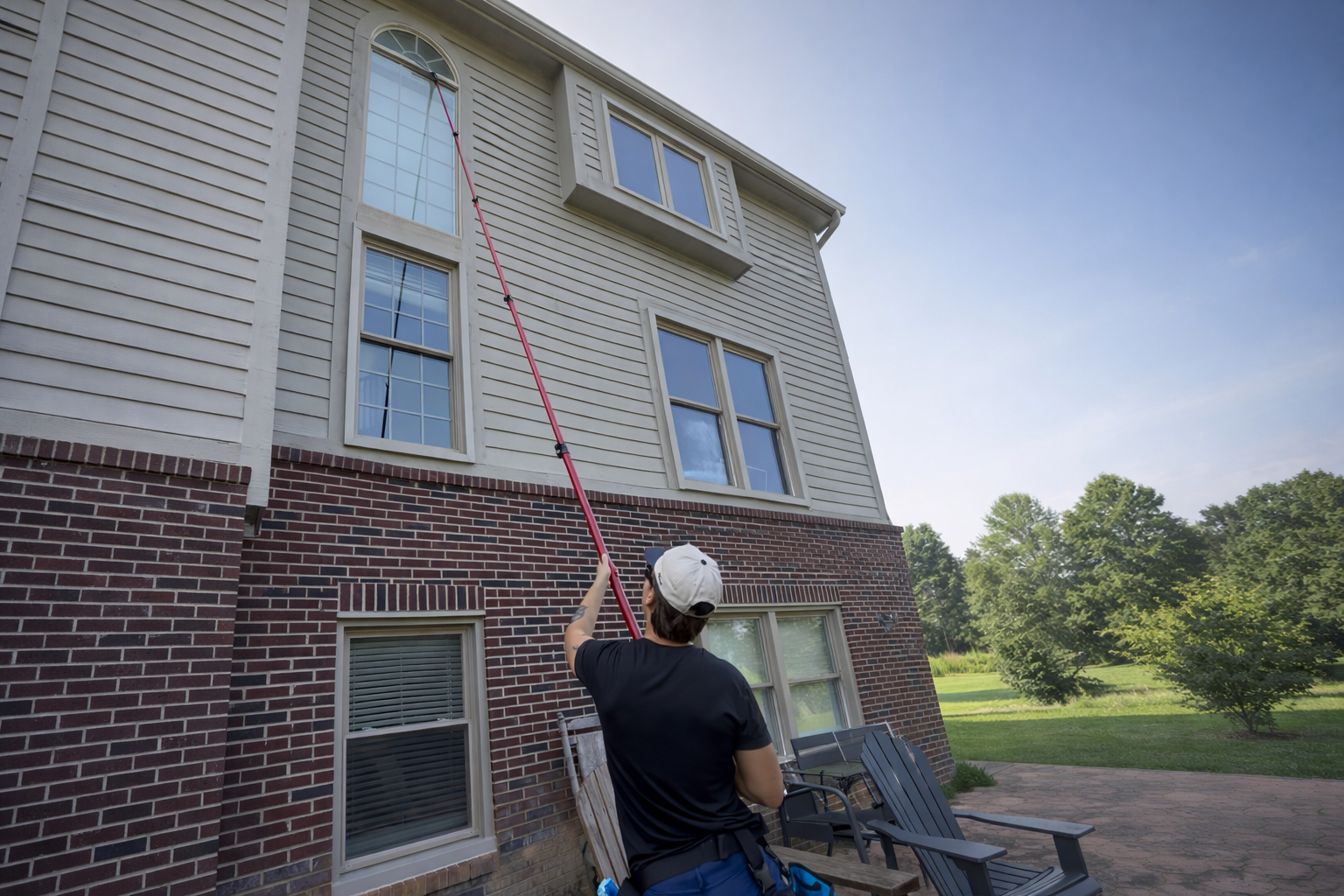 Panther Pro Cleaning washing the exterior of a three-story house using a long pole on a sunny day. In Livingston & Washtenaw County