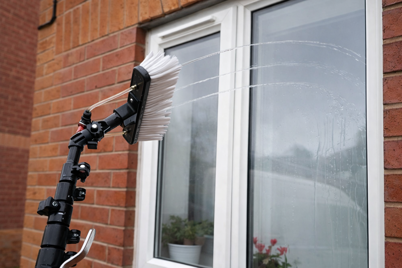 Window cleaning brush spraying water on a glass window in front of a brick house.