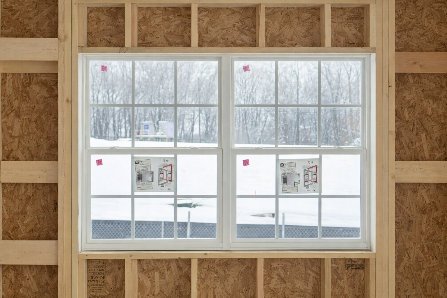 A white double-hung window installed in a wooden wall frame with exposed particleboard and wood studs, with snow-covered landscape visible outside.