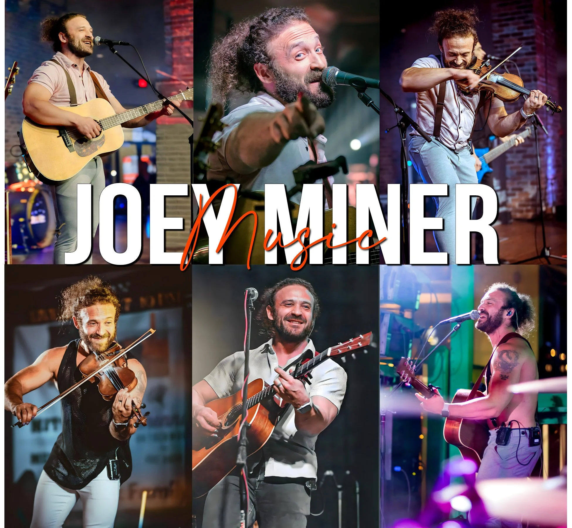 Collage of six images of Joey Miner performing on stage with various instruments, with overlaid text 'Joey Miner Music'.
