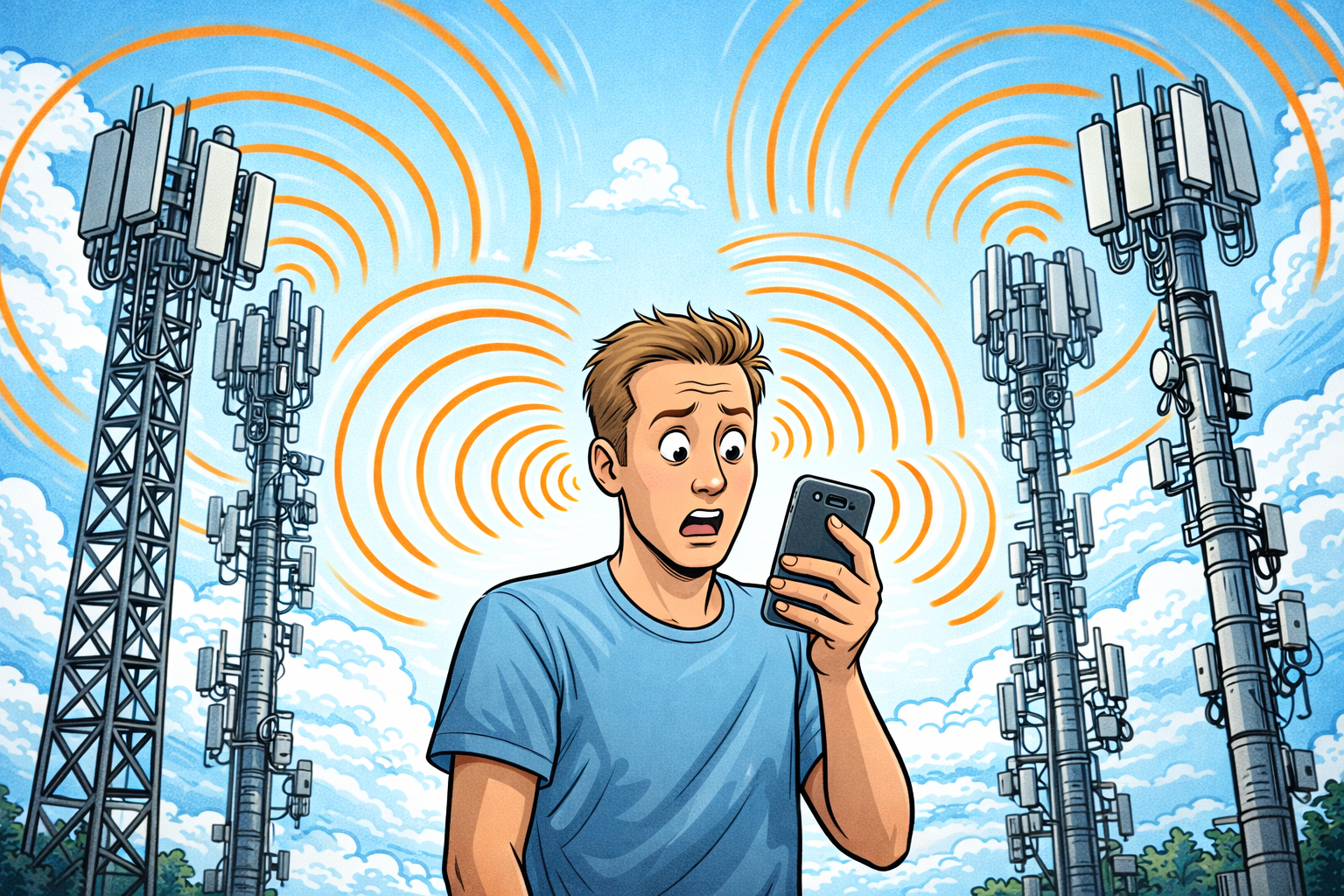 A worried young man looking at his phone with multiple cell towers emitting strong radio waves and signals in the background.