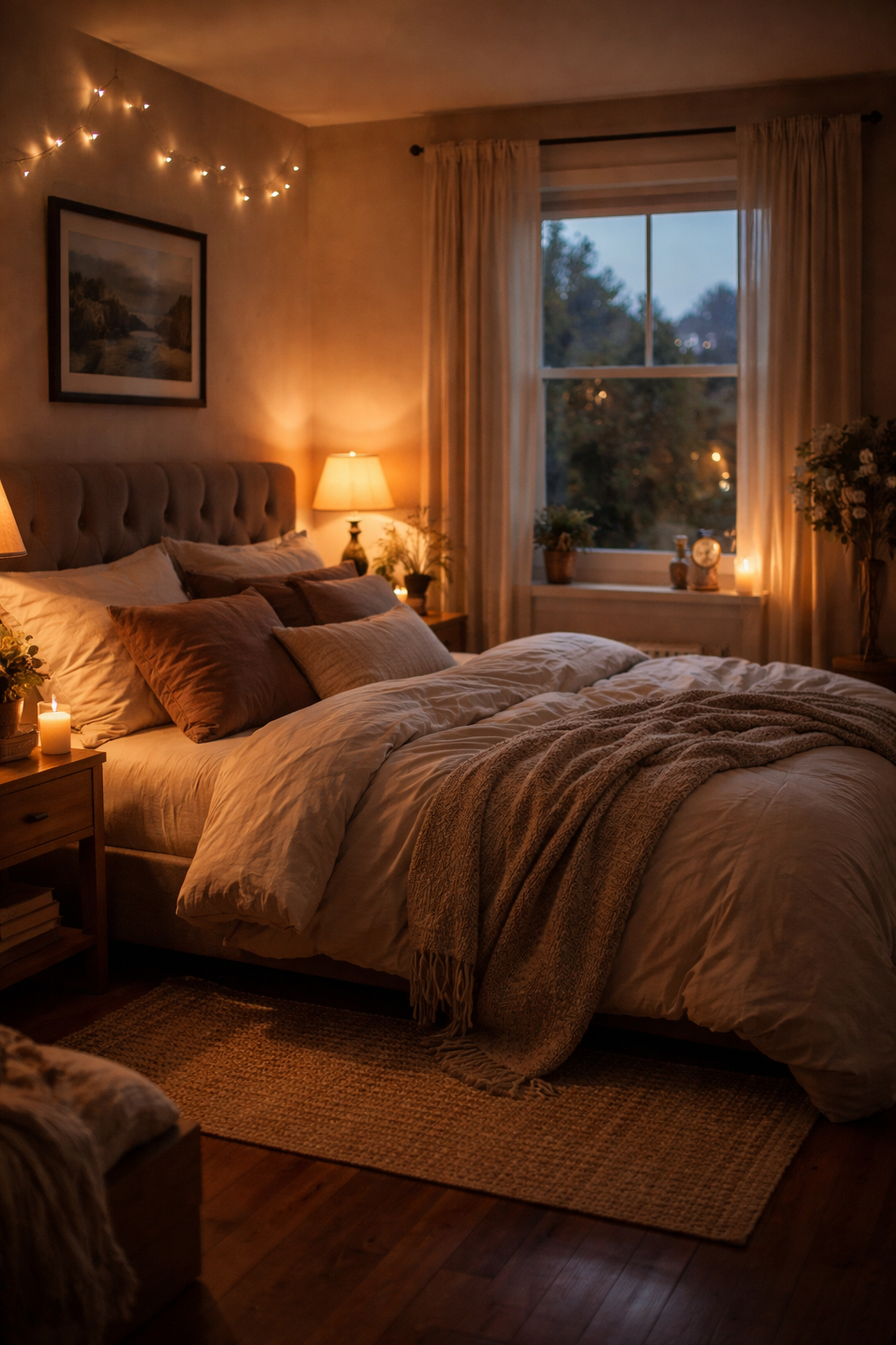 A cozy bedroom with warm lighting, a large bed with beige and purple pillows, a wooden nightstand with a candle and books, and a window with curtains showing trees outside. String lights hang on the wall.