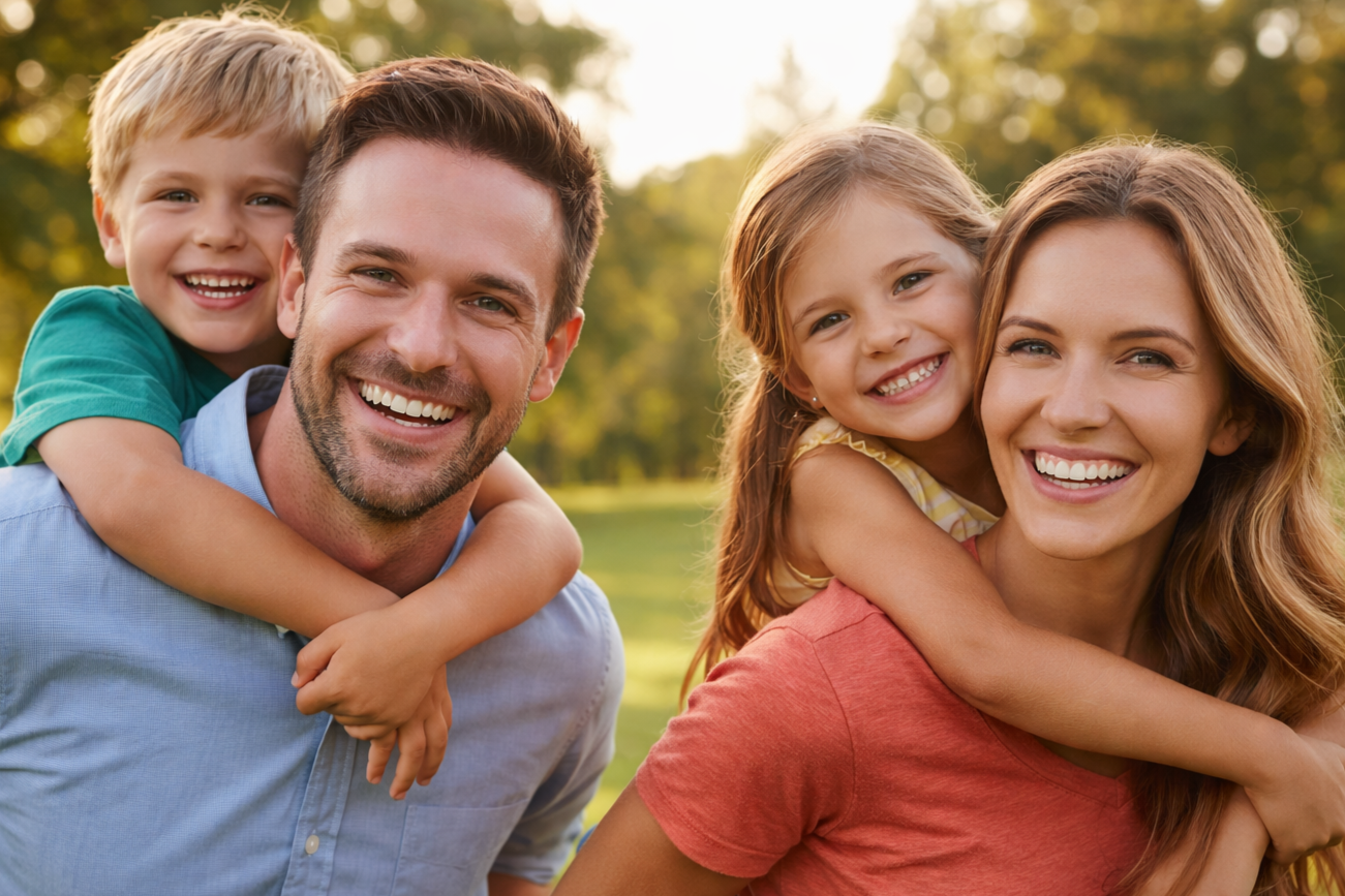 Happy family of four outdoors with two children piggybacking on their parents in a park during daytime.